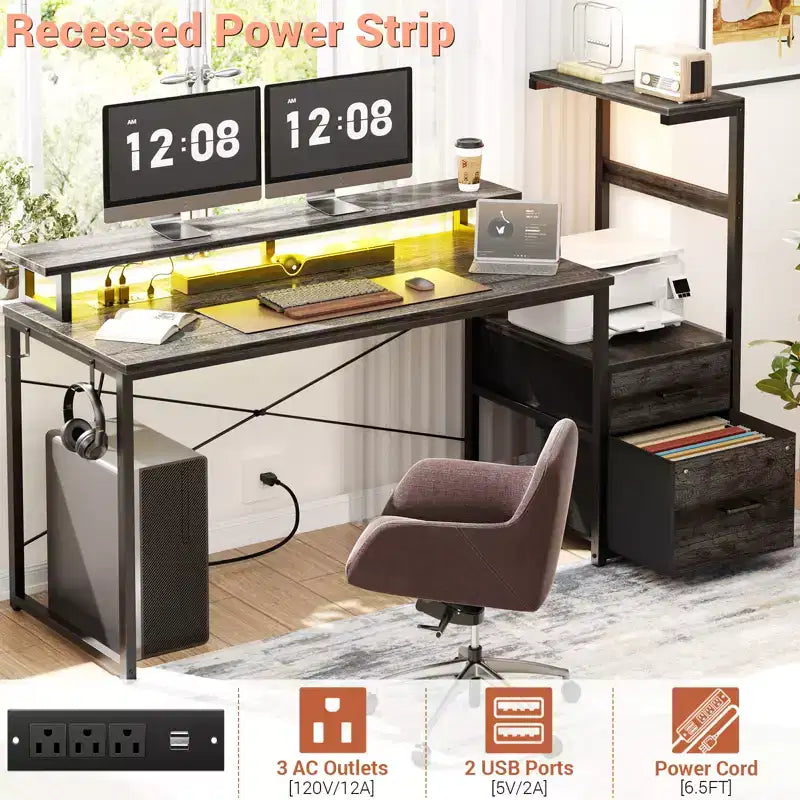 Besiost Bureau d'ordinateur 60 pouces avec tiroirs en tissu et station de charge