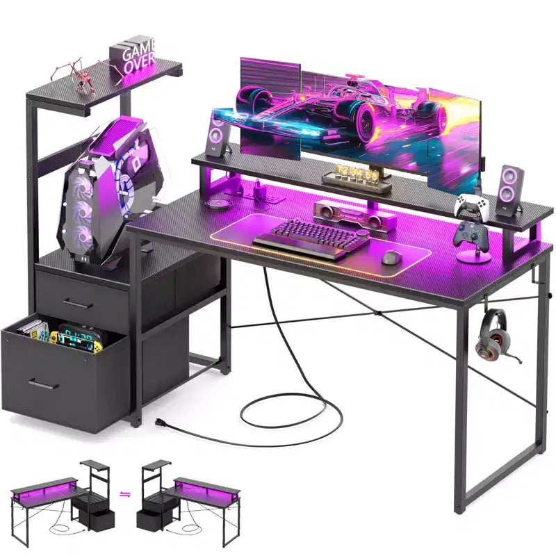 Besiost Bureau d'ordinateur 60 pouces avec tiroirs en tissu et station de charge