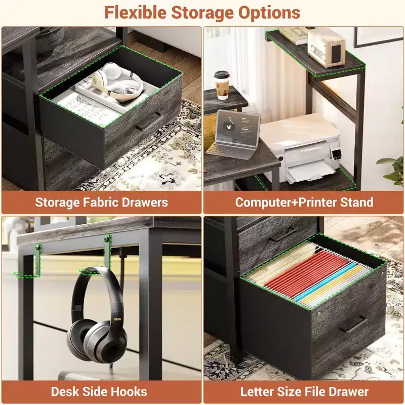 Besiost Bureau d'ordinateur 60 pouces avec tiroirs en tissu et station de charge