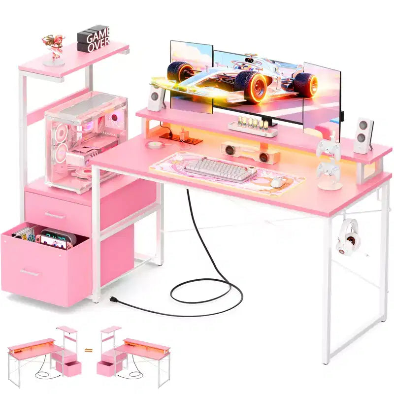 Besiost Bureau d'ordinateur 60 pouces avec tiroirs en tissu et station de charge