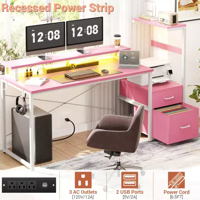 Besiost Bureau d'ordinateur 60 pouces avec tiroirs en tissu et station de charge