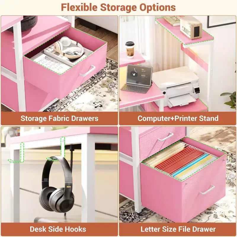Besiost Bureau d'ordinateur 60 pouces avec tiroirs en tissu et station de charge