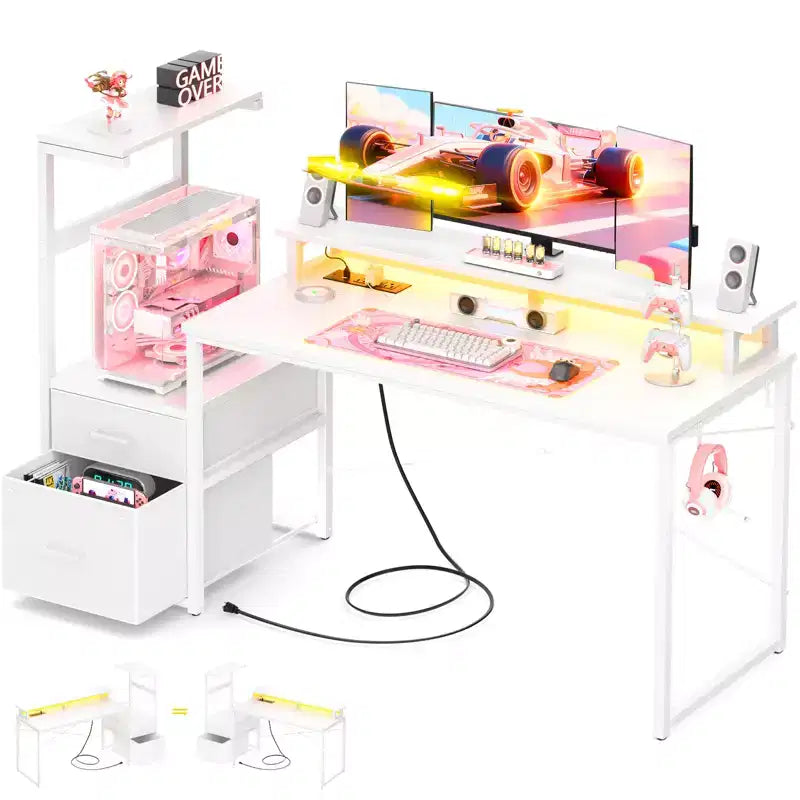 Besiost Bureau d'ordinateur 60 pouces avec tiroirs en tissu et station de charge