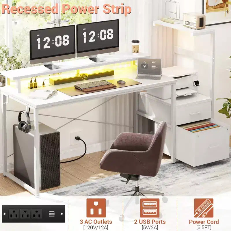 Besiost Bureau d'ordinateur 60 pouces avec tiroirs en tissu et station de charge