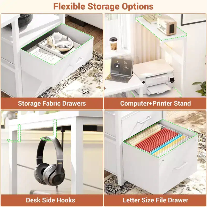Besiost Bureau d'ordinateur 60 pouces avec tiroirs en tissu et station de charge