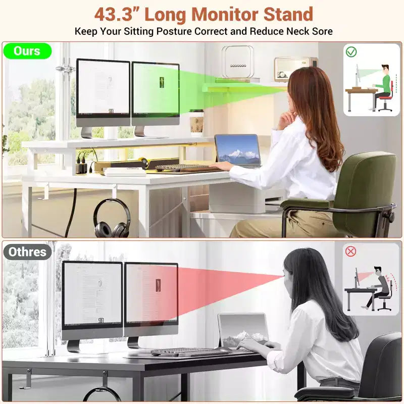 Besiost Bureau d'ordinateur 60 pouces avec tiroirs en tissu et station de charge