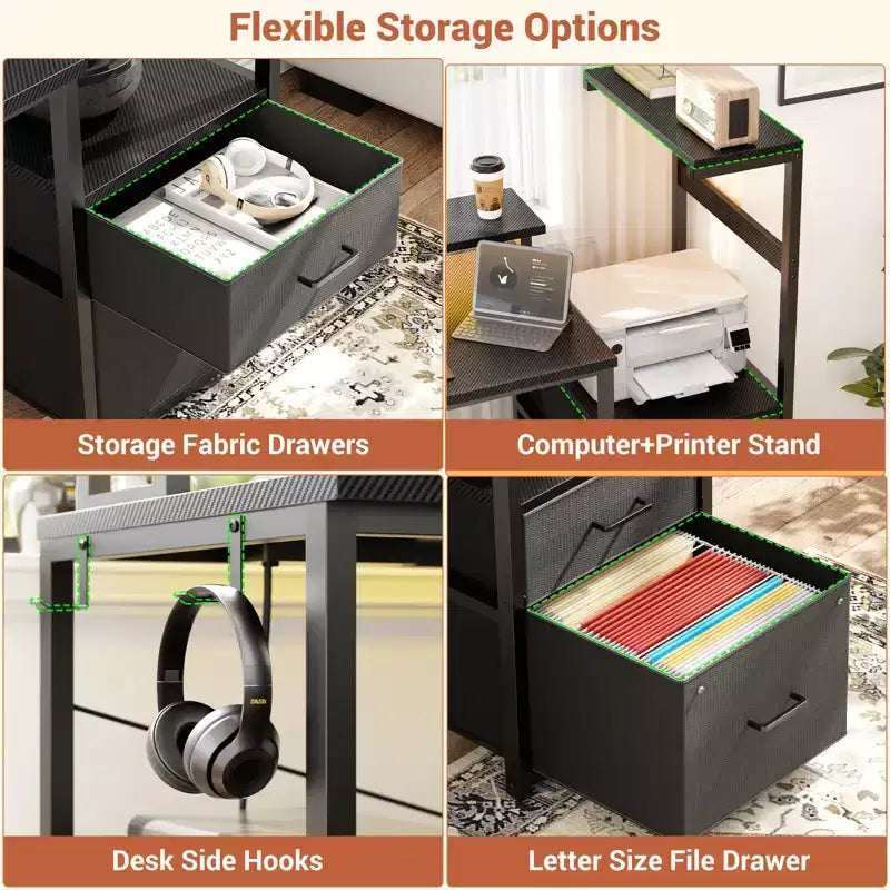 Besiost Bureau d'ordinateur 60 pouces avec tiroirs en tissu et station de charge