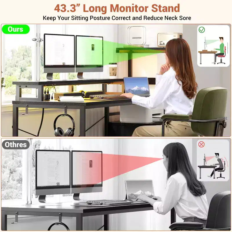 Besiost Bureau d'ordinateur 60 pouces avec tiroirs en tissu et station de charge