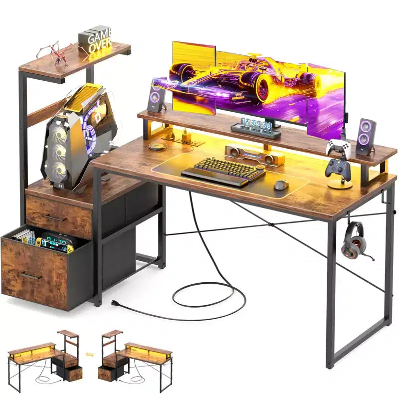 Besiost Bureau d'ordinateur 60 pouces avec tiroirs en tissu et station de charge