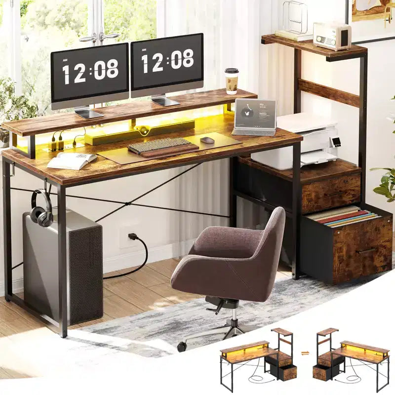 Besiost Bureau d'ordinateur 60 pouces avec tiroirs en tissu et station de charge