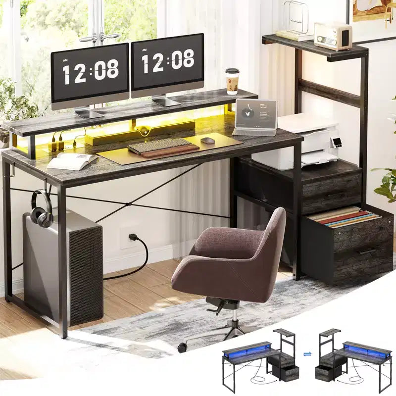 Besiost Bureau d'ordinateur 60 pouces avec tiroirs en tissu et station de charge