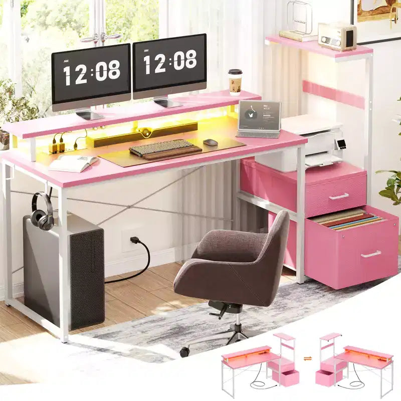 Besiost Bureau d'ordinateur 60 pouces avec tiroirs en tissu et station de charge