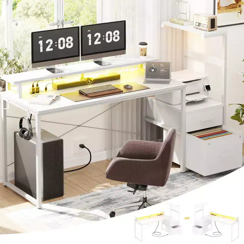 Besiost Bureau d'ordinateur 60 pouces avec tiroirs en tissu et station de charge