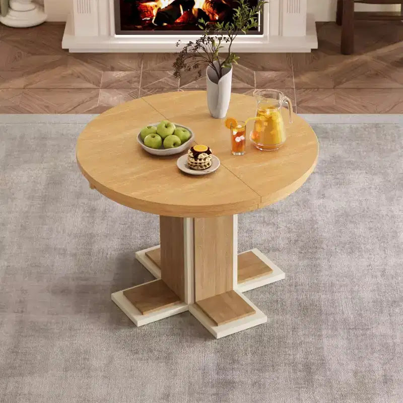 Table à manger extensible Okak 58 pouces Rétro avec rallonge de 16 pouces, Table de cuisine pour 6, Table ronde pour cuisine, salle à manger, Naturel