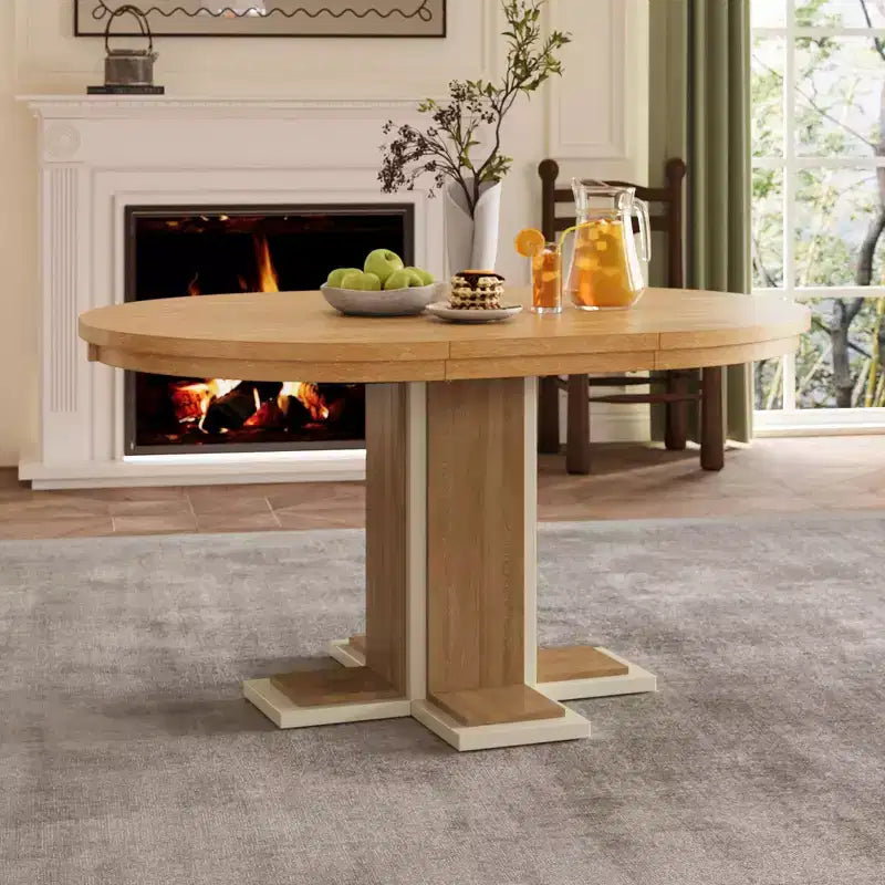 Table à manger extensible Okak 58 pouces Rétro avec rallonge de 16 pouces, Table de cuisine pour 6, Table ronde pour cuisine, salle à manger, Naturel