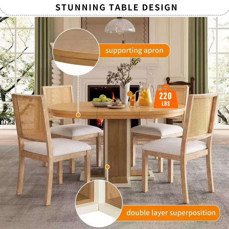 Table à manger extensible Okak 58 pouces Rétro avec rallonge de 16 pouces, Table de cuisine pour 6, Table ronde pour cuisine, salle à manger, Naturel