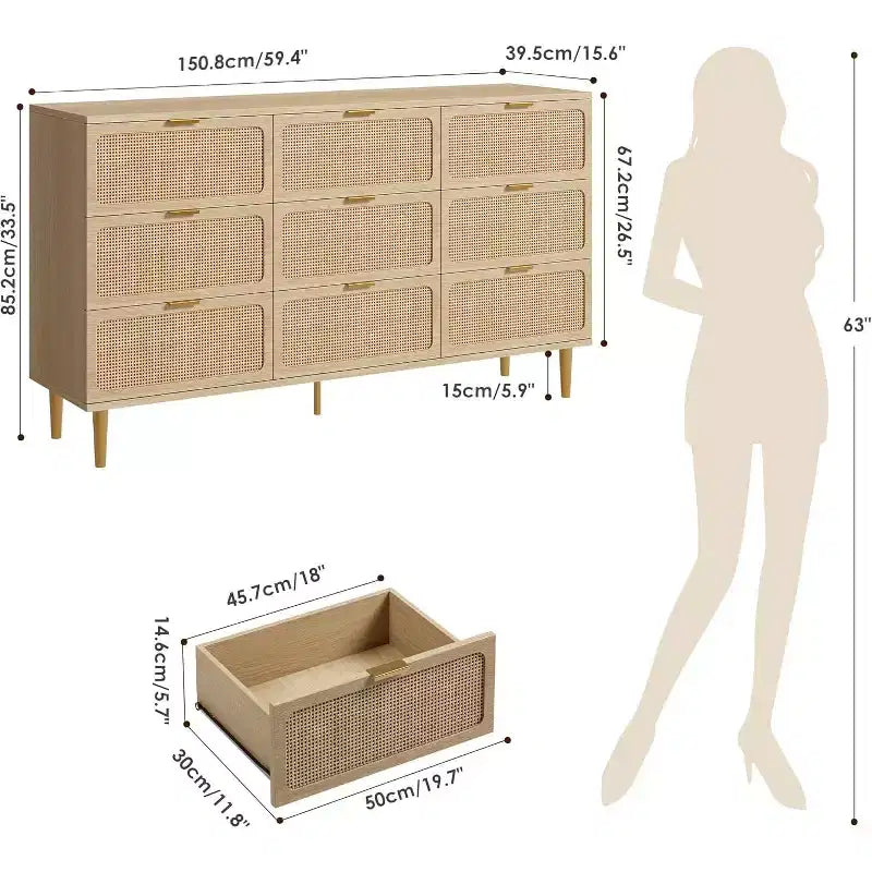 Commode à 9 tiroirs avec rangement – Meuble de rangement moderne en bois pour chambre, salon et couloir