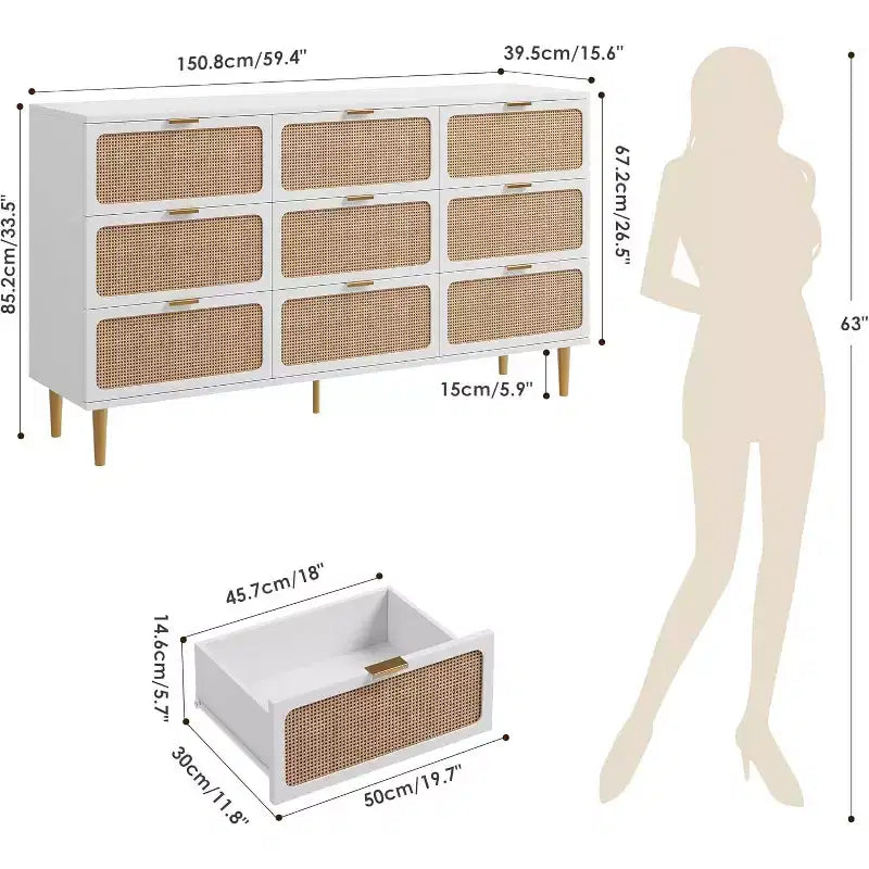 Commode à 9 tiroirs avec rangement – Meuble de rangement moderne en bois pour chambre, salon et couloir