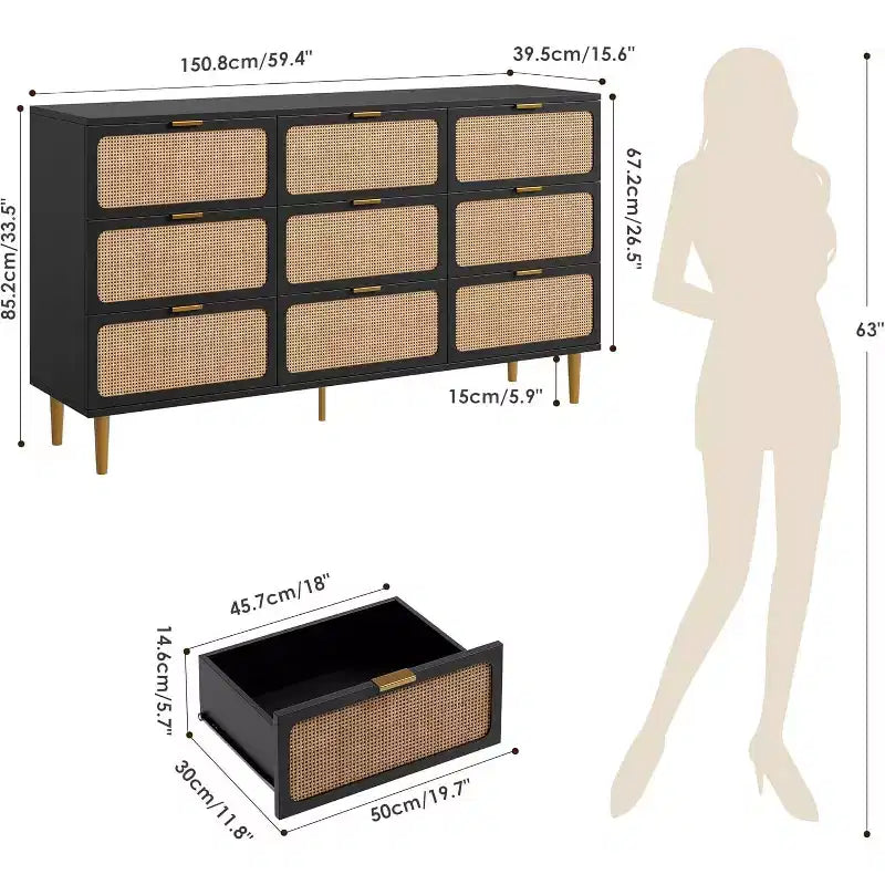 Commode à 9 tiroirs avec rangement – Meuble de rangement moderne en bois pour chambre, salon et couloir