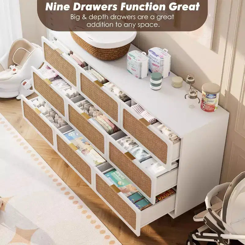Commode à 9 tiroirs avec rangement – Meuble de rangement moderne en bois pour chambre, salon et couloir