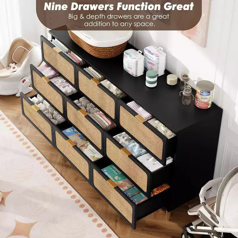 Commode à 9 tiroirs avec rangement – Meuble de rangement moderne en bois pour chambre, salon et couloir