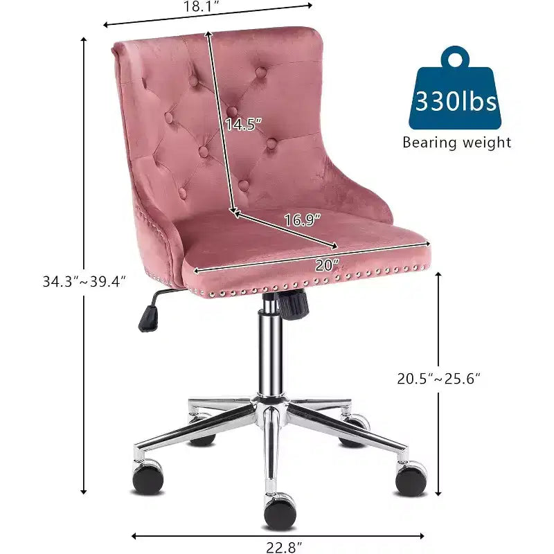 Chaise de bureau capitonnée en velours avec hauteur réglable, fonction d'inclinaison et roulettes – Rose