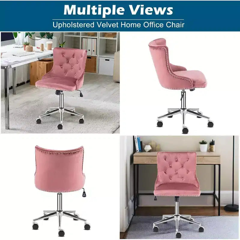 Chaise de bureau capitonnée en velours avec hauteur réglable, fonction d'inclinaison et roulettes – Rose