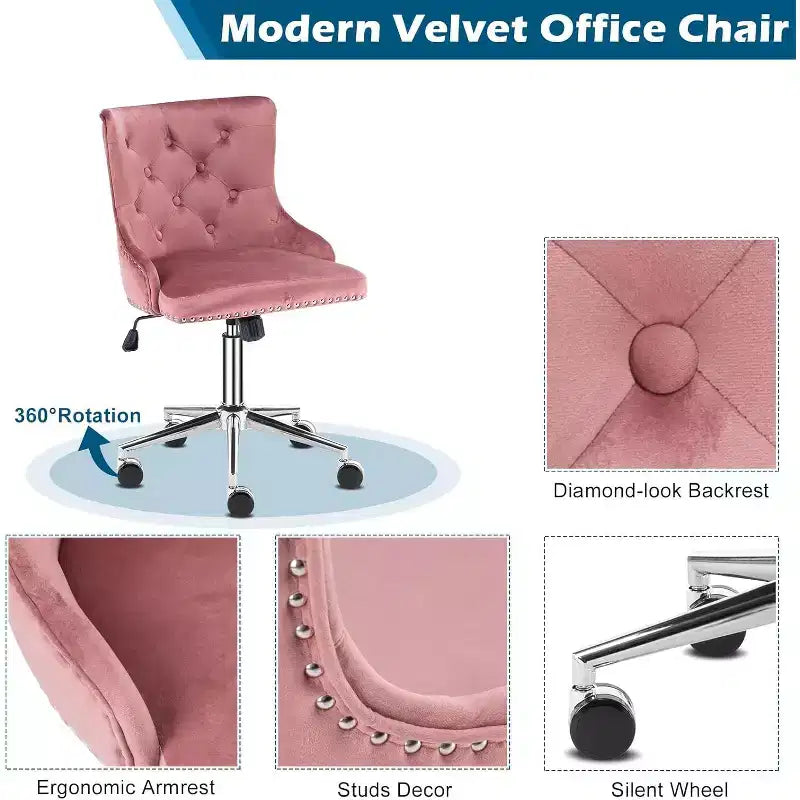 Chaise de bureau capitonnée en velours avec hauteur réglable, fonction d'inclinaison et roulettes – Rose
