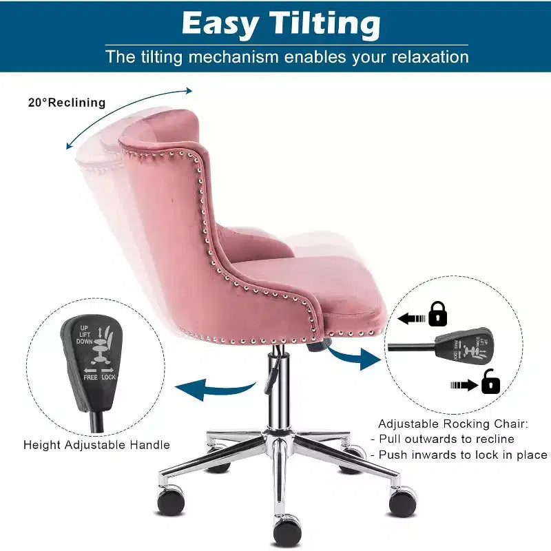 Chaise de bureau capitonnée en velours avec hauteur réglable, fonction d'inclinaison et roulettes – Rose