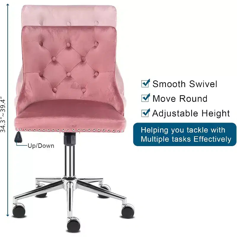 Chaise de bureau capitonnée en velours avec hauteur réglable, fonction d'inclinaison et roulettes – Rose