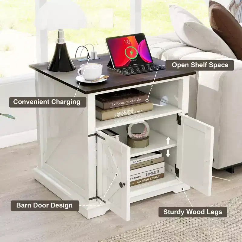 Table de chevet avec station de recharge et 2 tiroirs – Table de nuit de style rustique avec pieds en bois massif