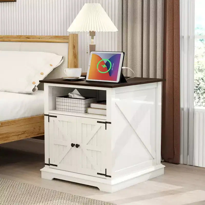 Table de chevet avec station de recharge et 2 tiroirs – Table de nuit de style rustique avec pieds en bois massif
