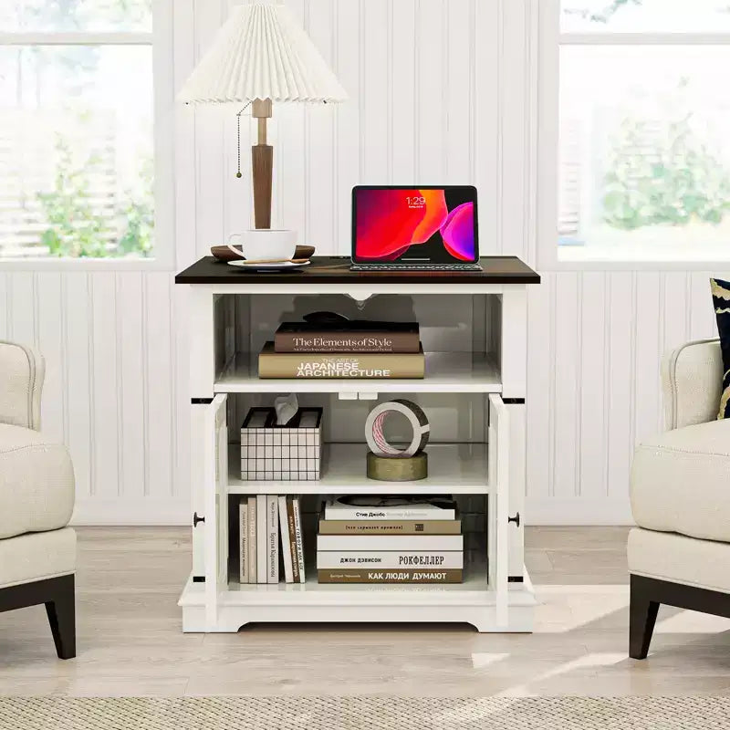 Table de chevet avec station de recharge et 2 tiroirs – Table de nuit de style rustique avec pieds en bois massif
