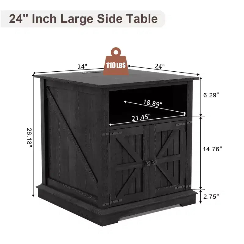 Table de chevet avec station de recharge et 2 tiroirs – Table de nuit de style rustique avec pieds en bois massif