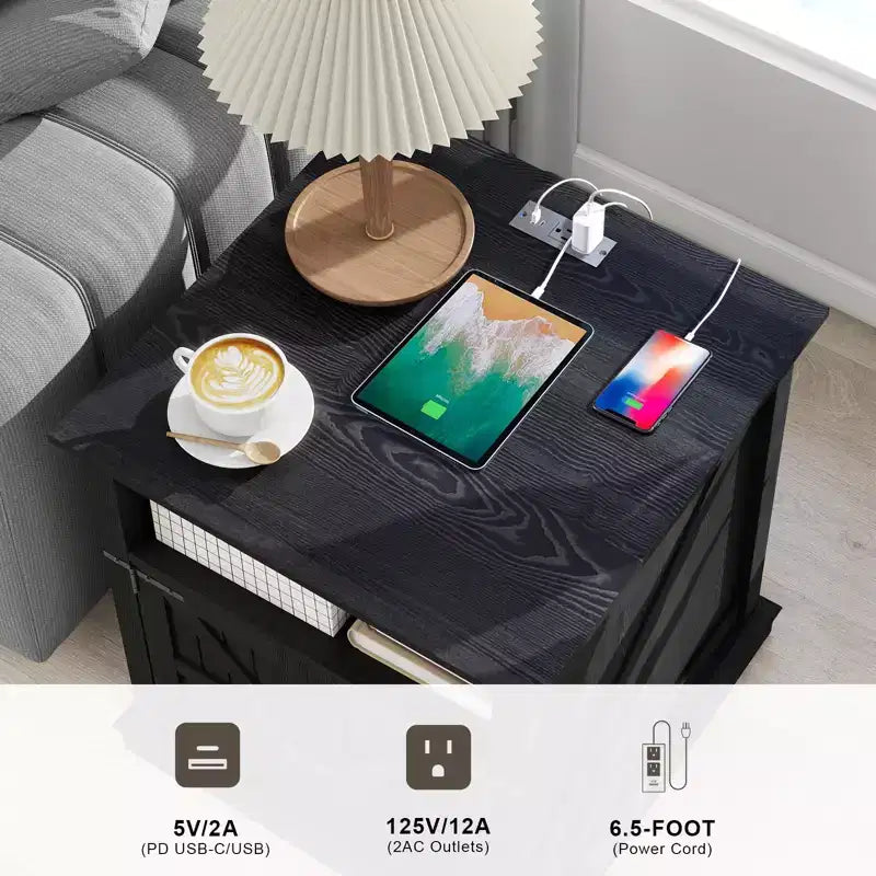 Table de chevet avec station de recharge et 2 tiroirs – Table de nuit de style rustique avec pieds en bois massif