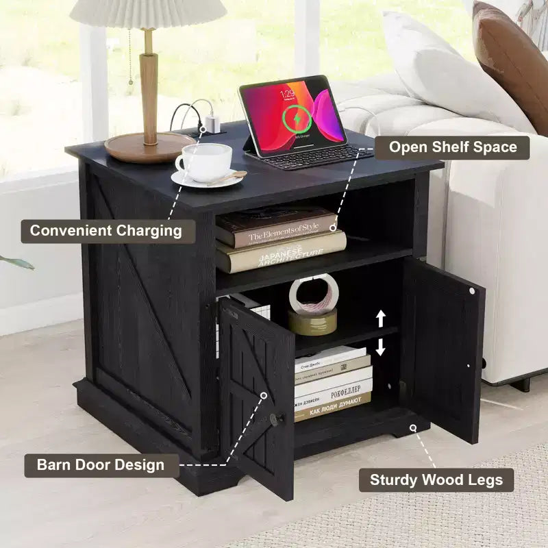 Table de chevet avec station de recharge et 2 tiroirs – Table de nuit de style rustique avec pieds en bois massif