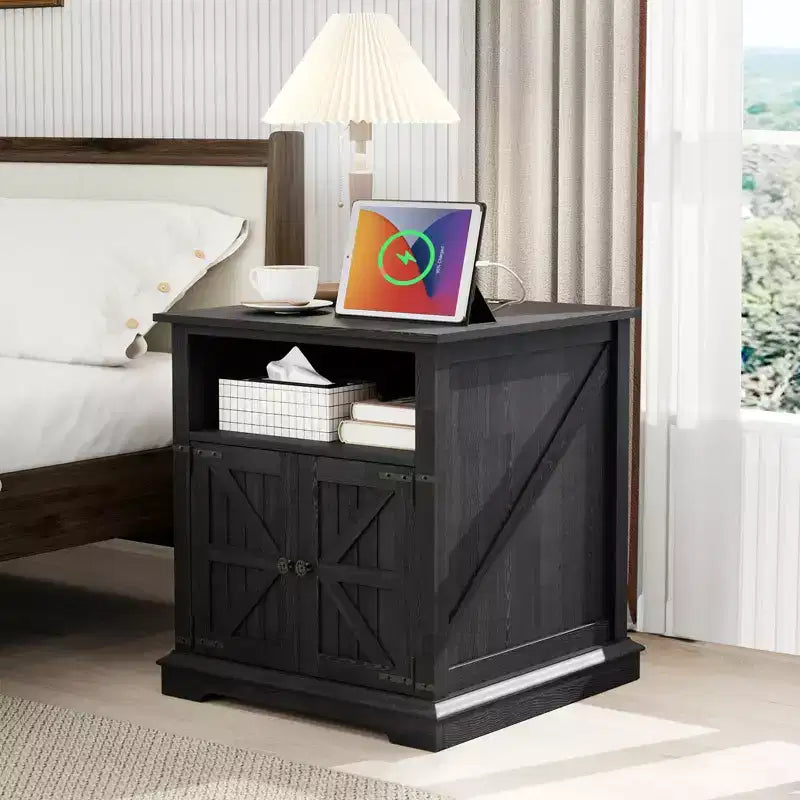 Table de chevet avec station de recharge et 2 tiroirs – Table de nuit de style rustique avec pieds en bois massif