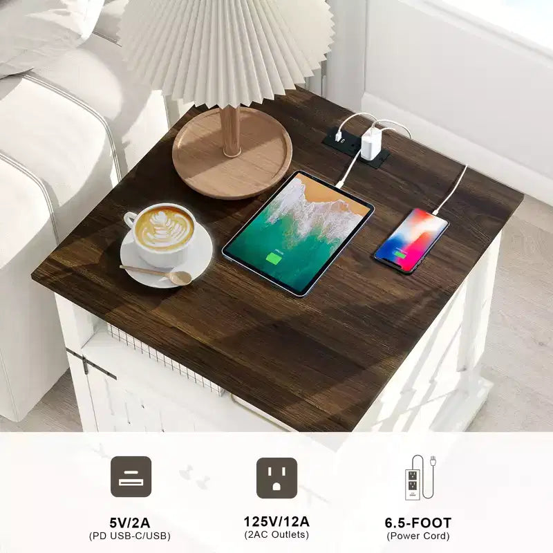 Table de chevet avec station de recharge et 2 tiroirs – Table de nuit de style rustique avec pieds en bois massif