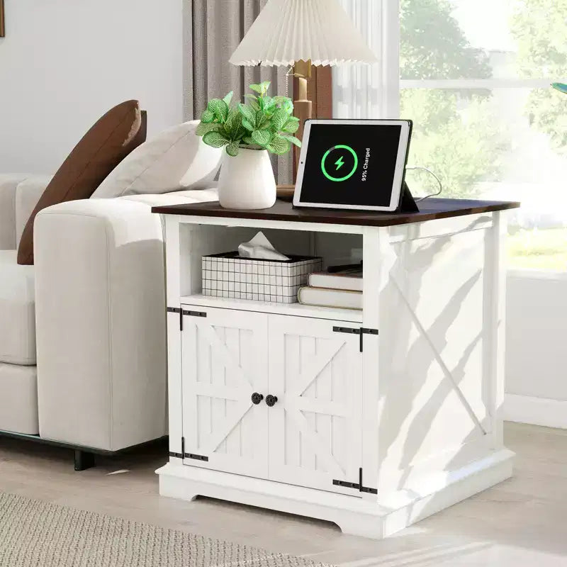 Table de chevet avec station de recharge et 2 tiroirs – Table de nuit de style rustique avec pieds en bois massif
