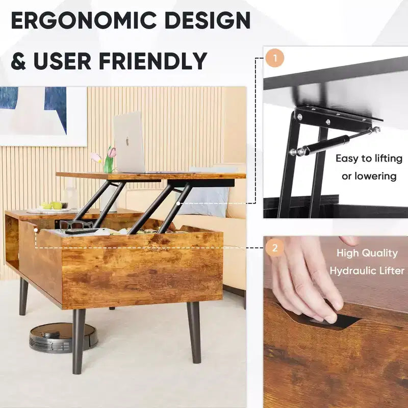 Table basse relevable avec rangement dissimulé et étagère ouverte