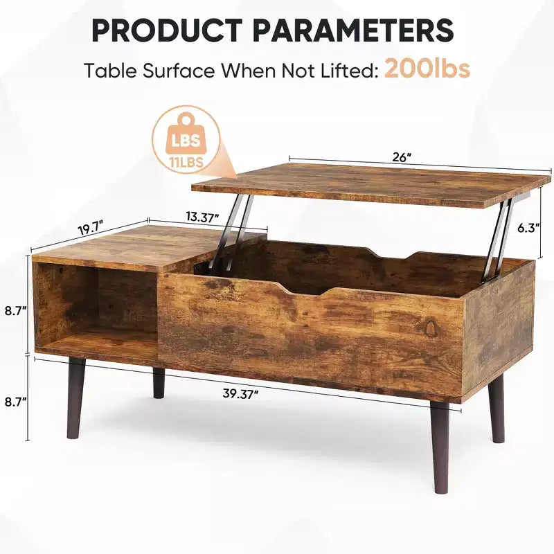 Table basse relevable avec rangement dissimulé et étagère ouverte