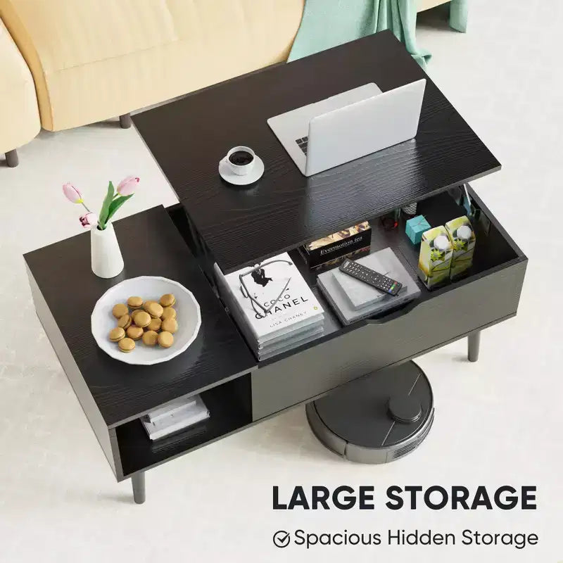 Table basse relevable avec rangement dissimulé et étagère ouverte