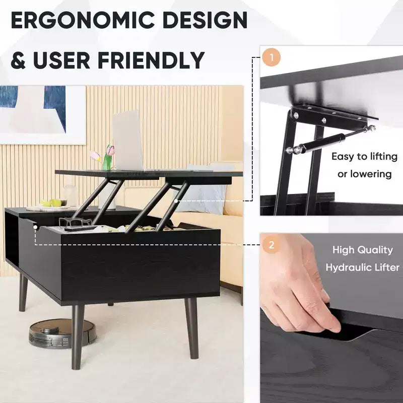 Table basse relevable avec rangement dissimulé et étagère ouverte