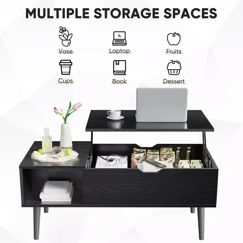 Table basse relevable avec rangement dissimulé et étagère ouverte