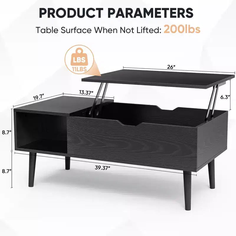 Table basse relevable avec rangement dissimulé et étagère ouverte