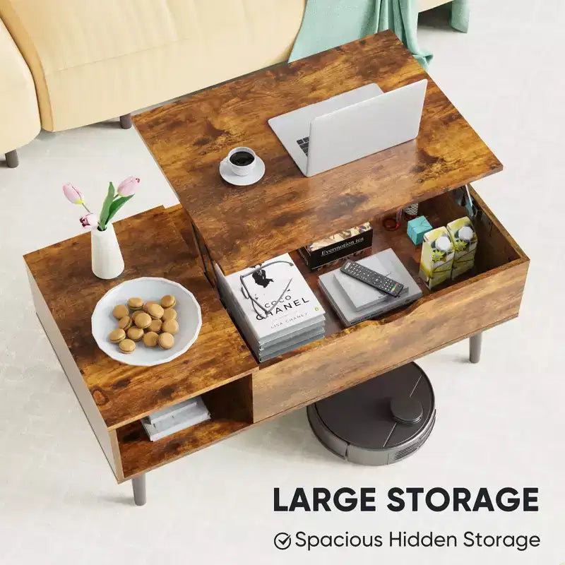 Table basse relevable avec rangement dissimulé et étagère ouverte