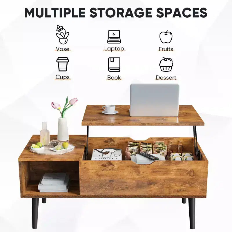 Table basse relevable avec rangement dissimulé et étagère ouverte