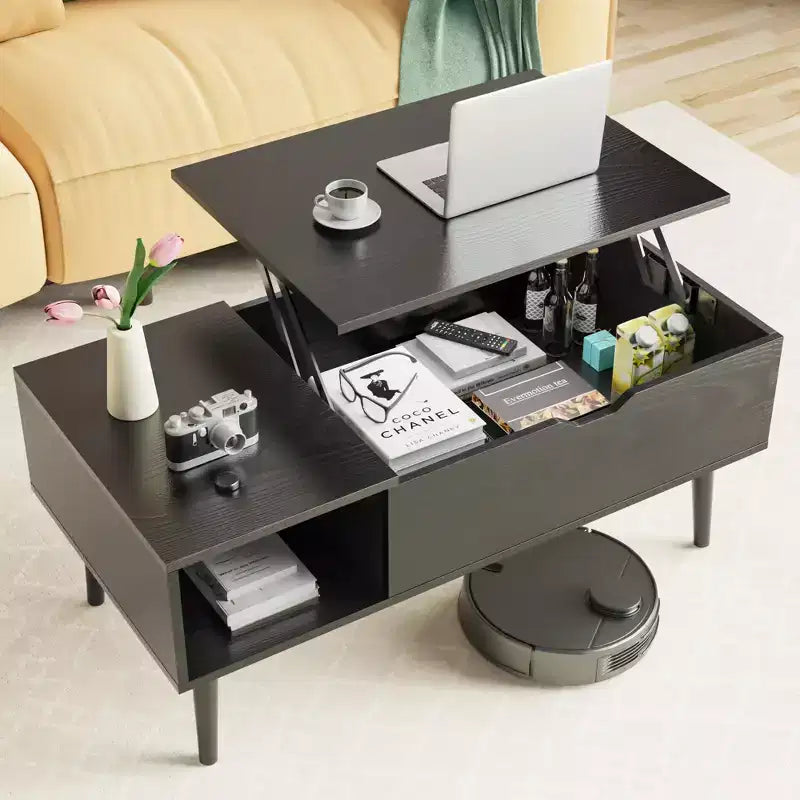 Table basse relevable avec rangement dissimulé et étagère ouverte