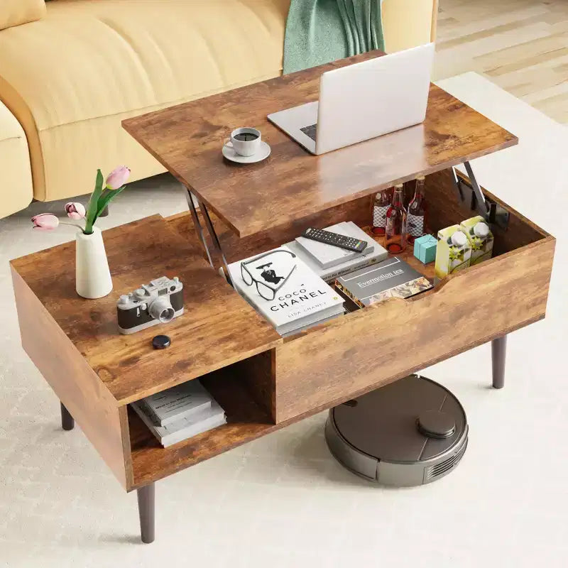 Table basse relevable avec rangement dissimulé et étagère ouverte