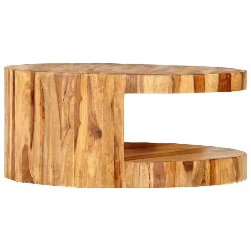 Table basse ronde en bois d'acacia massif avec étagère de rangement